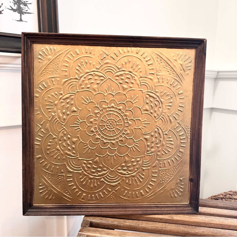 Vintage Faux Tin Decorative Ceiling Tile Antique Gold Brass Wood Framed 15 x 15”